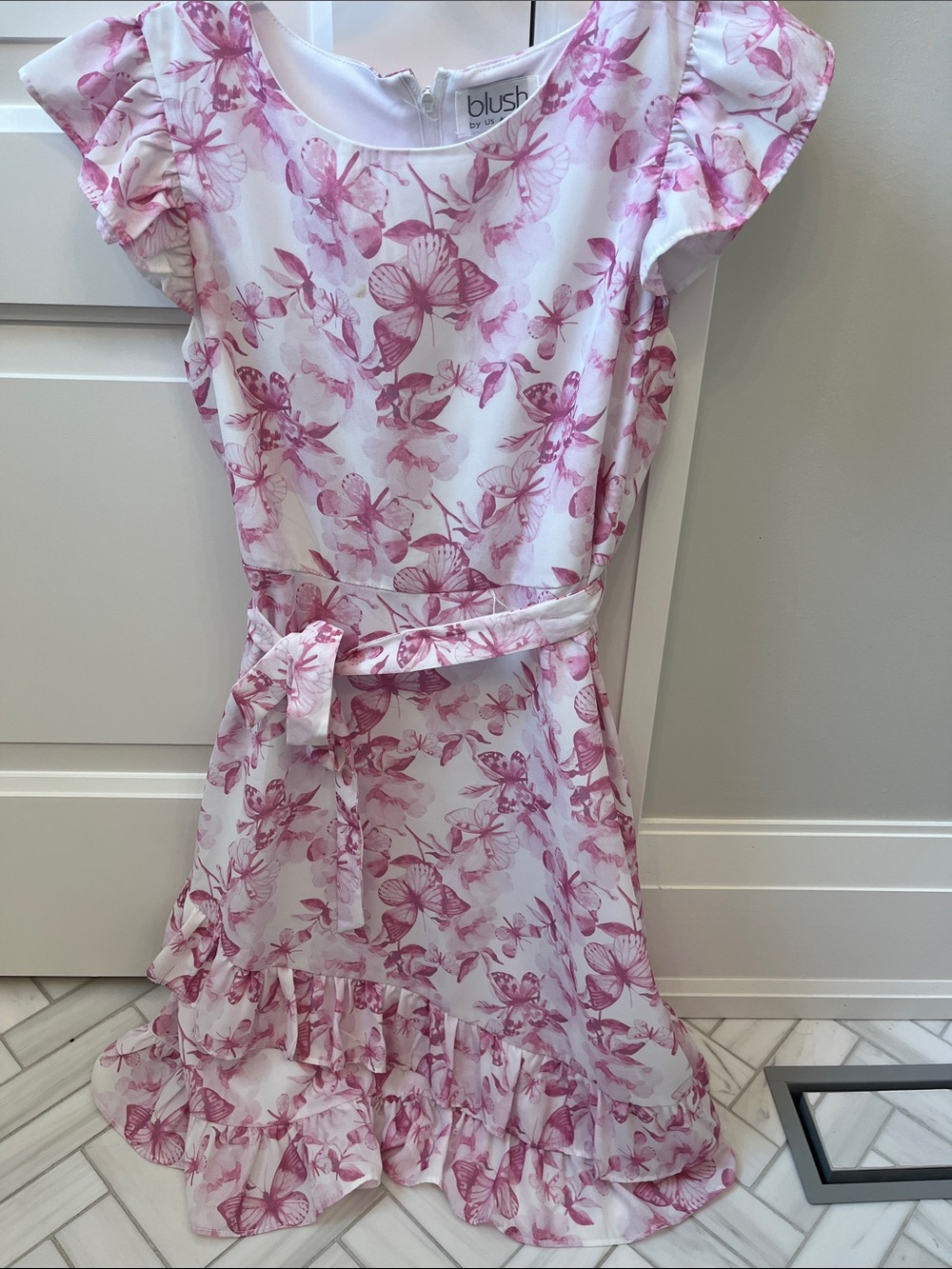 Blush Pink Floral Ruffle Tie-Waist Dress